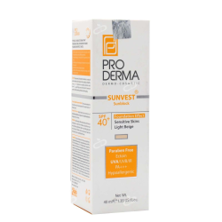 پرودرما-کرم ضدافتاب فیزیکال رنگی SPF40 مناسب پوست حساس پرودرما 40 میلی لیتر بژ روشن