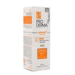 پرودرما-کرم ضدافتاب رنگی فاقد چربی SPF50 مناسب پوست چرب و جوش دار پرودرما 40 میلی لیتر بژ روشن