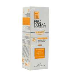پرودرما-کرم ضدافتاب فیزیکال رنگی SPF40 مناسب پوست حساس پرودرما 40 میلی لیتر بژ طبیعی